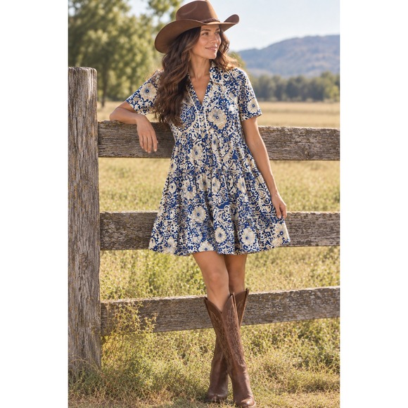 Umgee Dresses & Skirts - Umgee Mini Dress Sz S Blue White Floral Tiered Boho Cowgirl Western Coastal